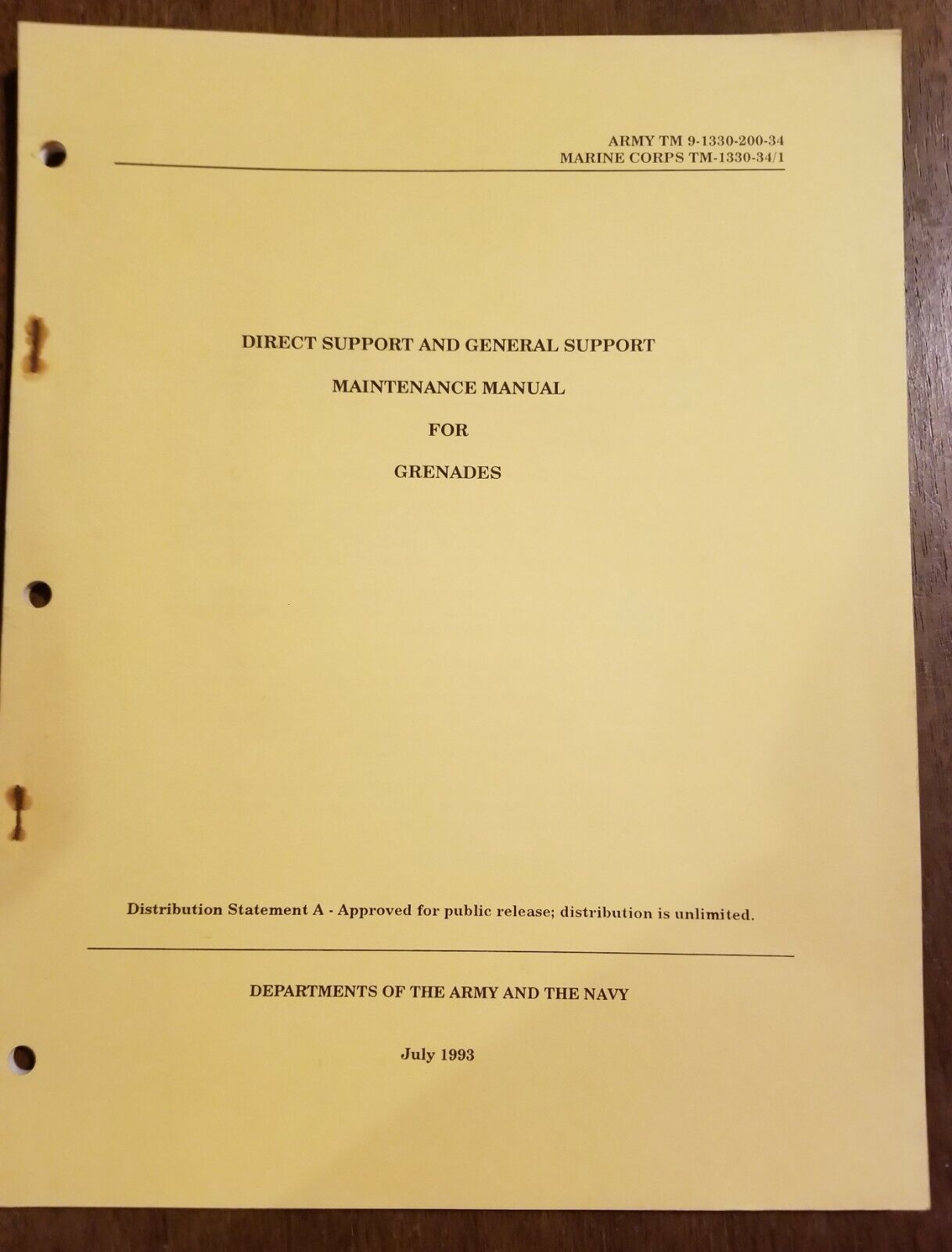 Tm 9-1330-200-34 Maintenance Manual For Grenades, July 1993