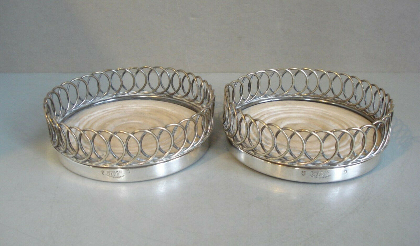Pair Of ~ Large, Gorham Co. Silver Soldered & Wood ~ Wine Coasters